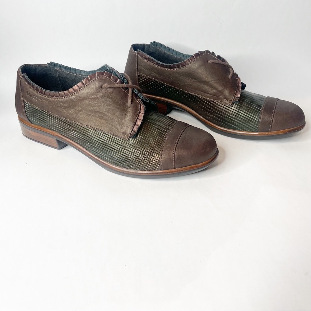NWOB Naot Yama Metallic Bronze Iridescent Green Ruffle Oxford Loafer Shoe